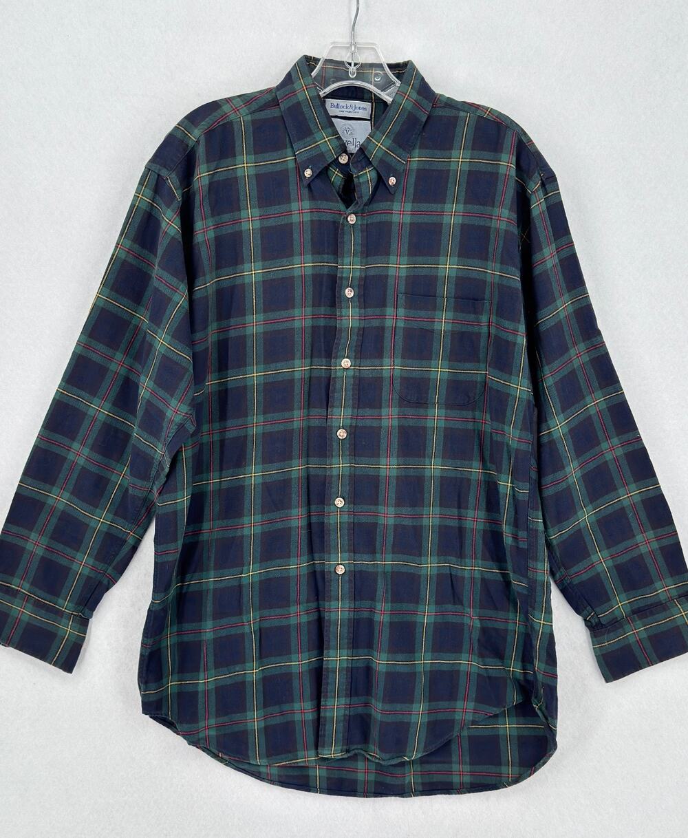 Vintage Bullock & Jones Viyella Green Blue Flannel Plaid Button Down Shirt Sz M